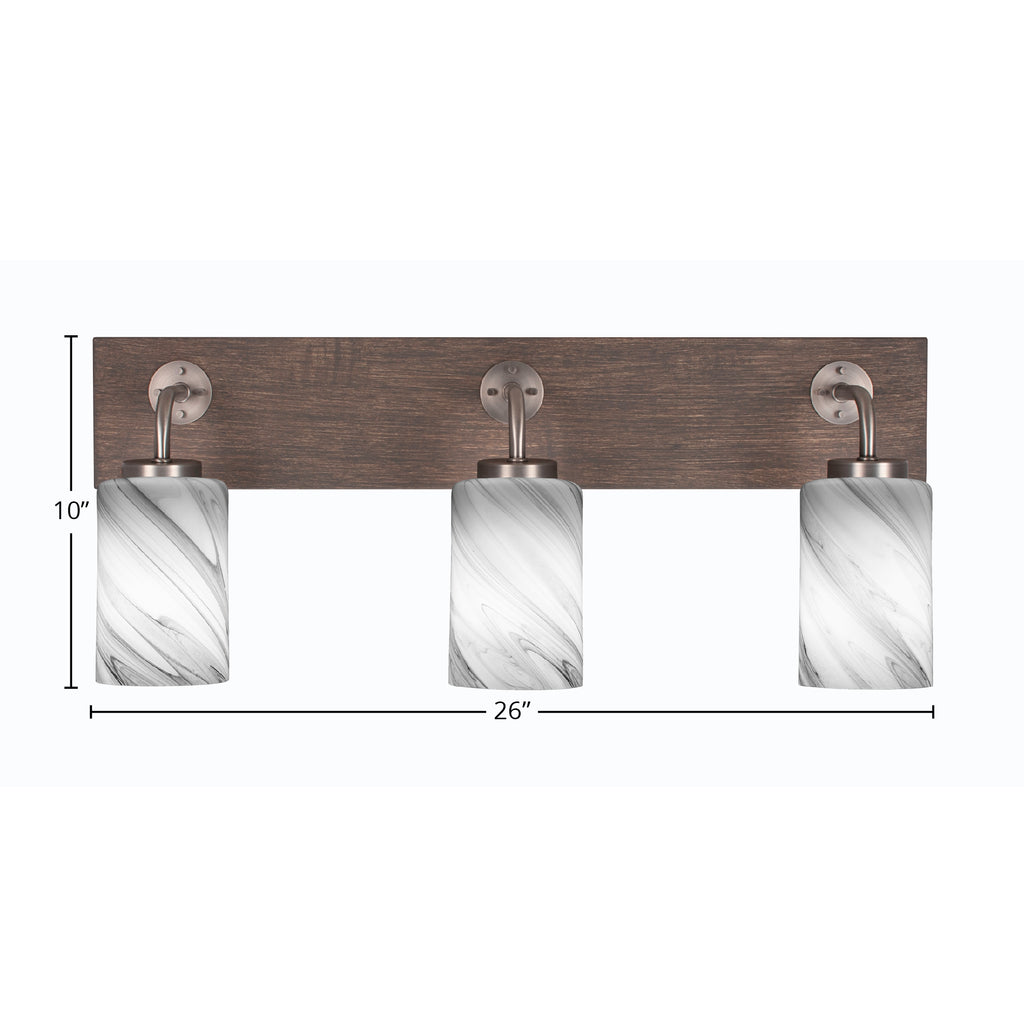 Oxbridge Three Light Bath Bar in Graphite & Painted Distressed Wood-look Metal with 4" Onyx Swirl Shade