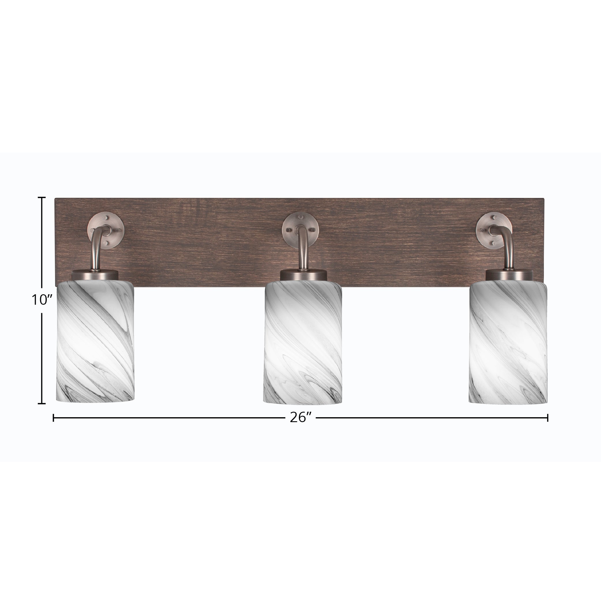 Oxbridge Three Light Bath Bar in Graphite & Painted Distressed Wood-look Metal with 4" Onyx Swirl Shade
