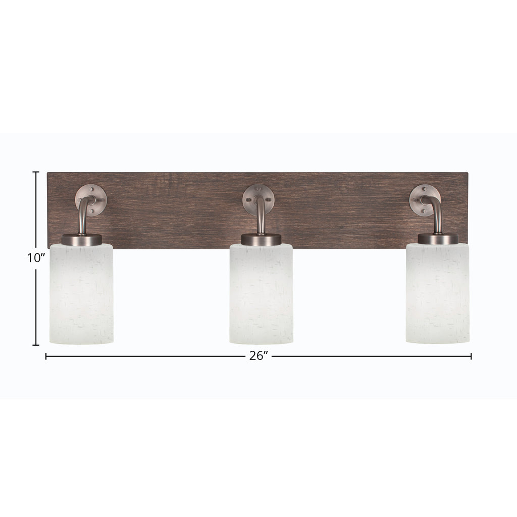 Oxbridge Three Light Bath Bar in Graphite & Painted Distressed Wood-look Metal with 4" White Muslin Shade
