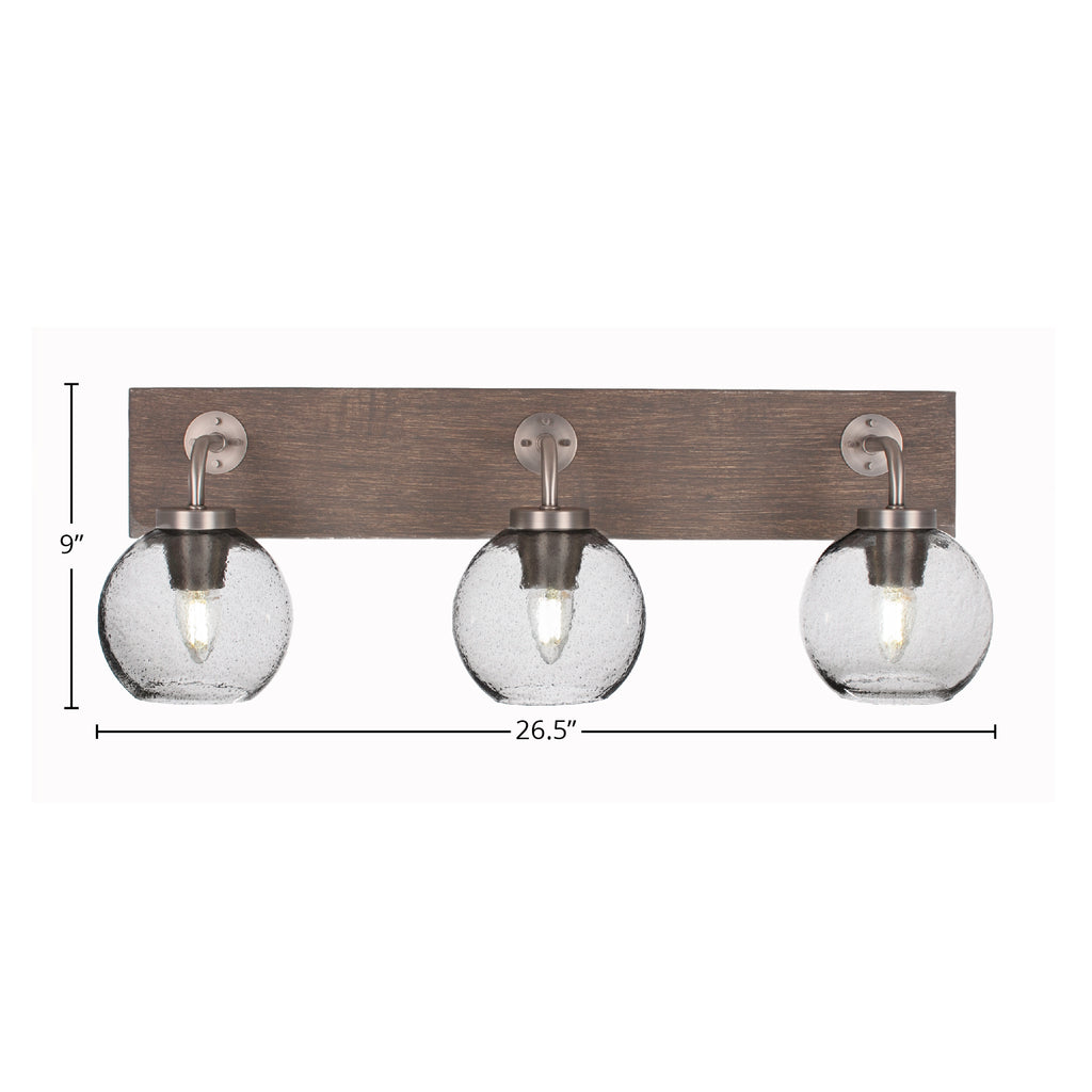 Oxbridge Three Light Bath Bar in Graphite & Painted Distressed Wood-look Metal with 5.75" Clear Bubble Shade