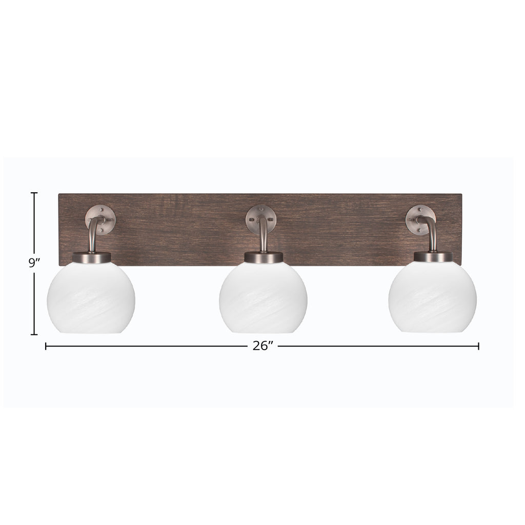 Oxbridge Three Light Bath Bar in Graphite & Painted Distressed Wood-look Metal with 5.75" White Marble Shade
