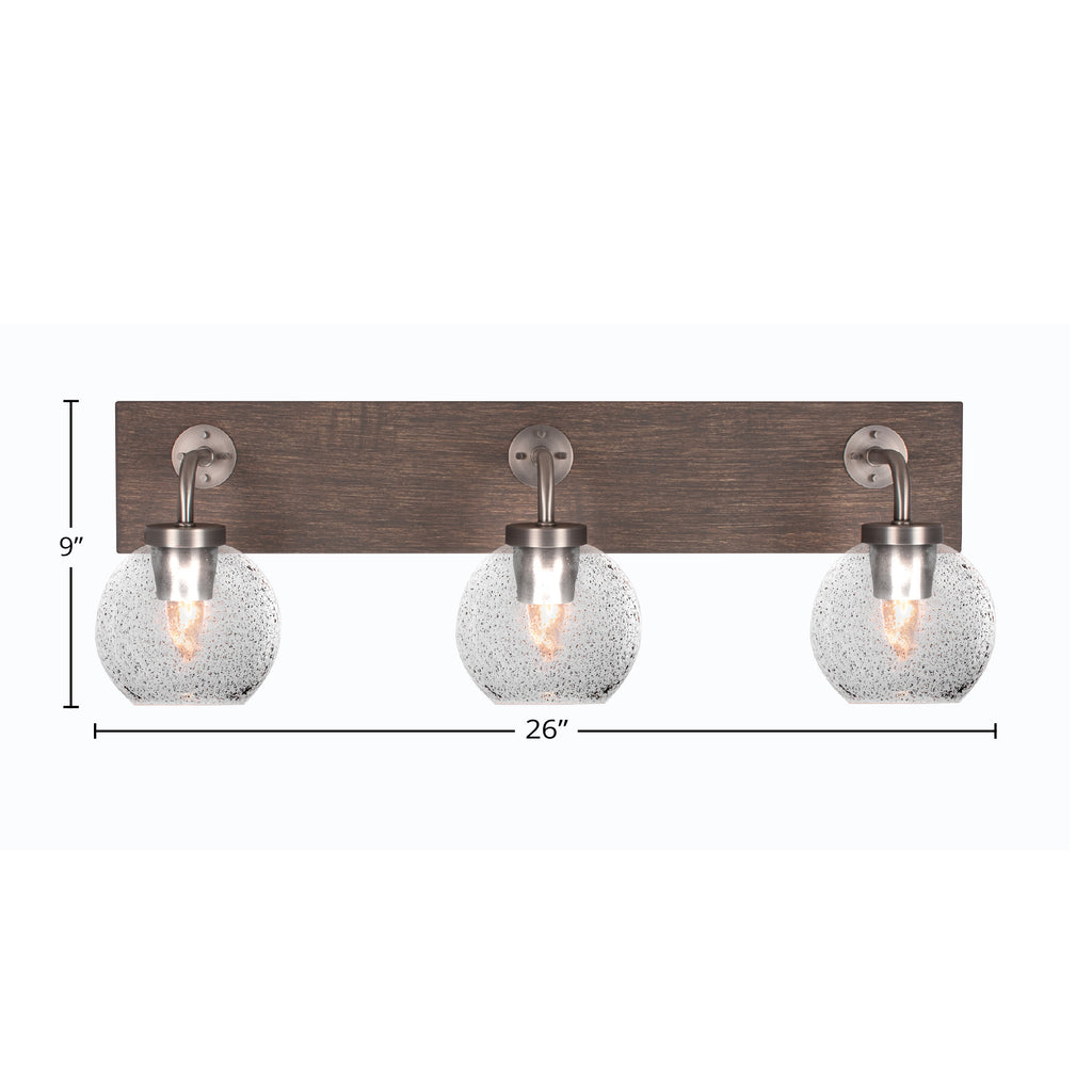 Oxbridge Three Light Bath Bar in Graphite & Painted Distressed Wood-look Metal with 5.75" Smoke Bubble Shade