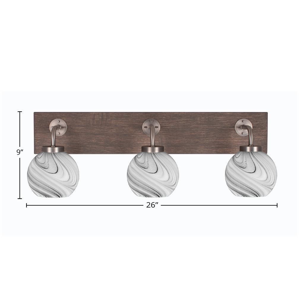Oxbridge Three Light Bath Bar in Graphite & Painted Distressed Wood-look Metal with 5.75" Onyx Swirl Shade