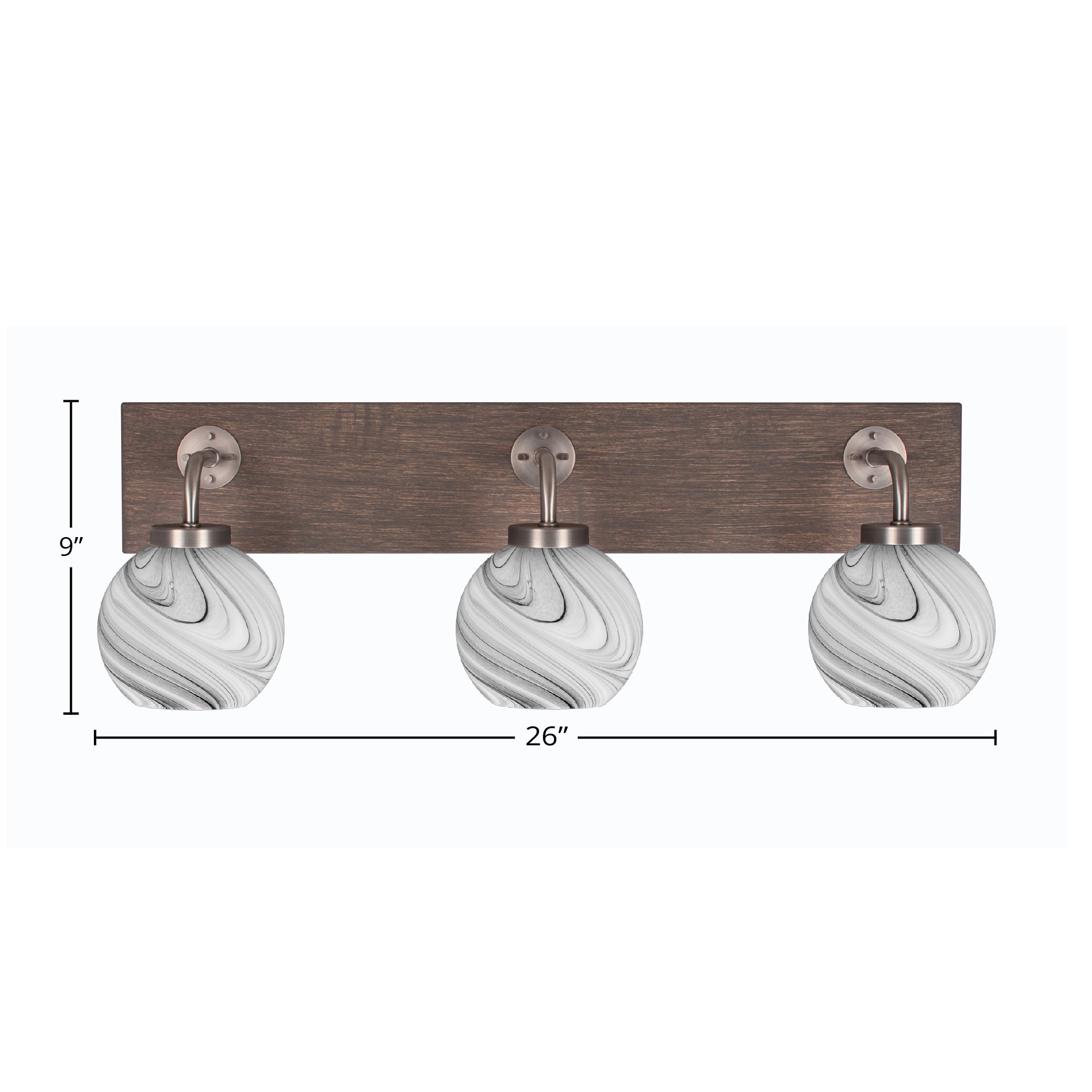 Oxbridge Three Light Bath Bar in Graphite & Painted Distressed Wood-look Metal with 5.75" Onyx Swirl Shade