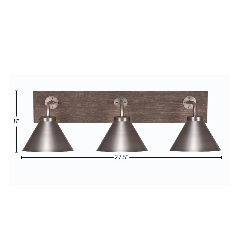 Oxbridge Three Light Bath Bar in Graphite & Painted Distressed Wood-look Metal with 7" Graphite Cone Metal Shade Shade