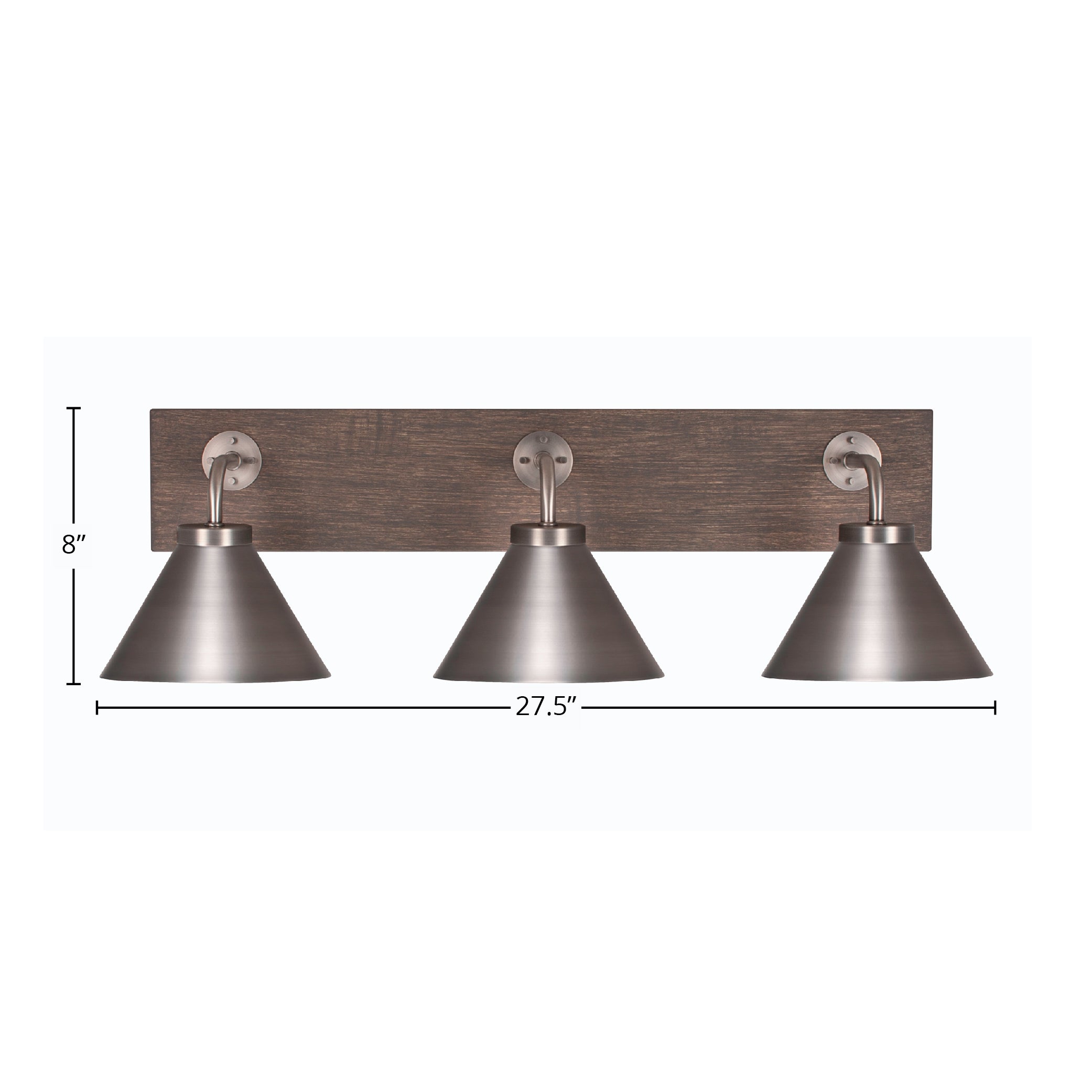 Oxbridge Three Light Bath Bar in Graphite & Painted Distressed Wood-look Metal with 7" Graphite Cone Metal Shade Shade