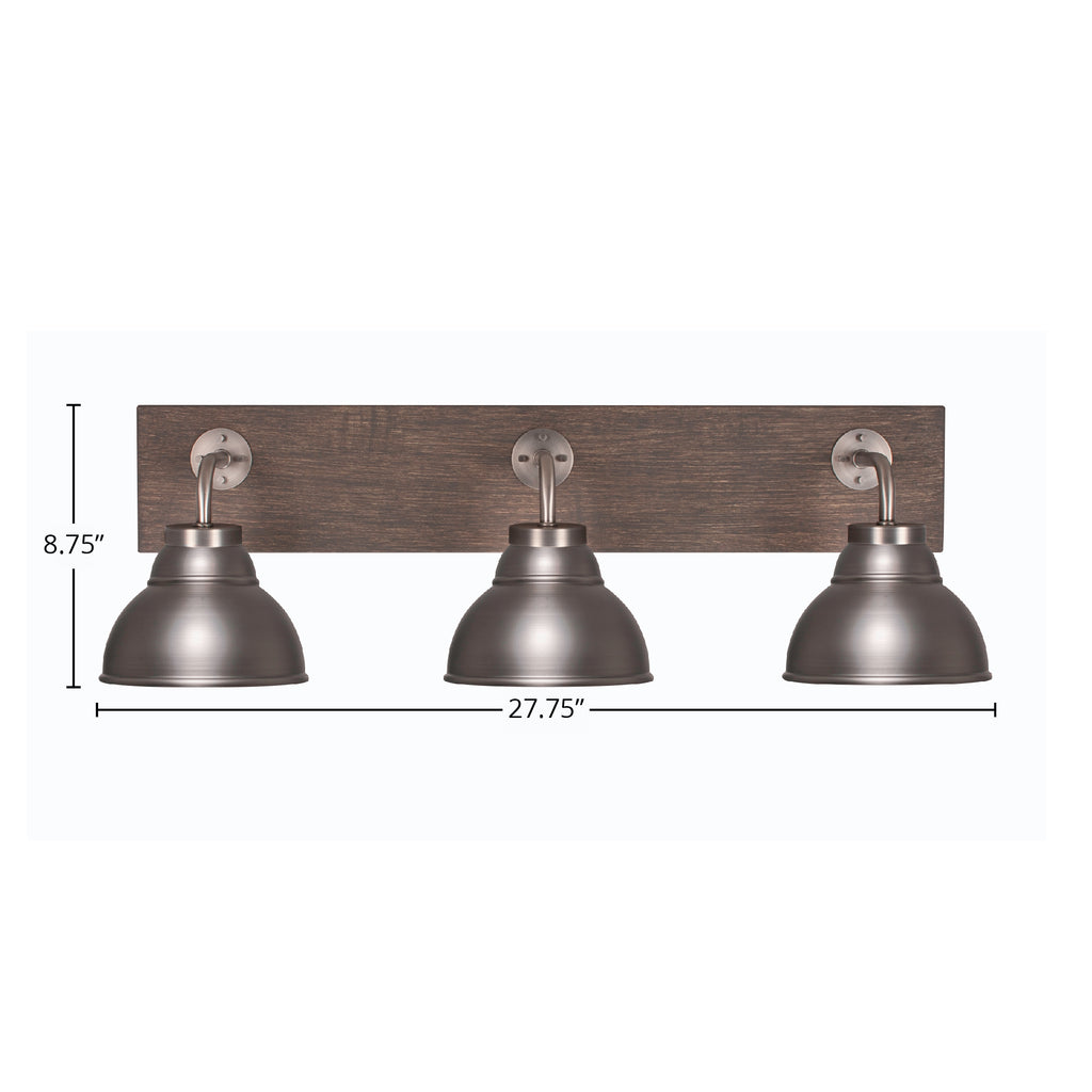 Oxbridge Three Light Bath Bar in Graphite & Painted Distressed Wood-look Metal with 7" Graphite Double Bubble Metal Shade Shade