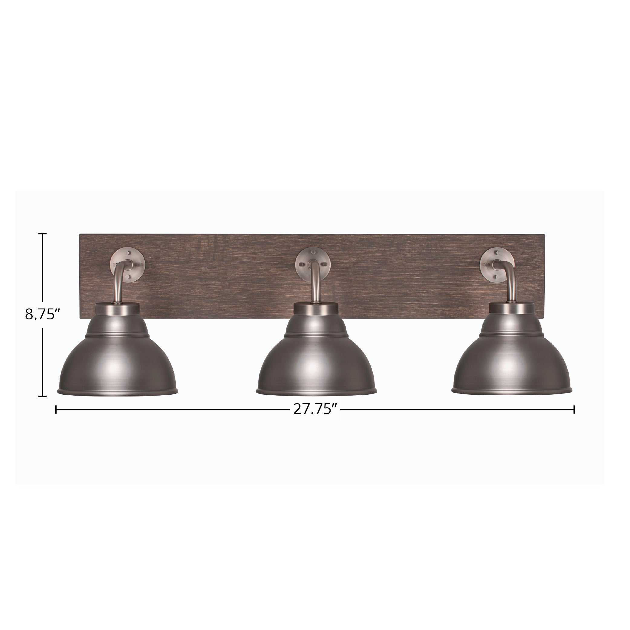 Oxbridge Three Light Bath Bar in Graphite & Painted Distressed Wood-look Metal with 7" Graphite Double Bubble Metal Shade Shade