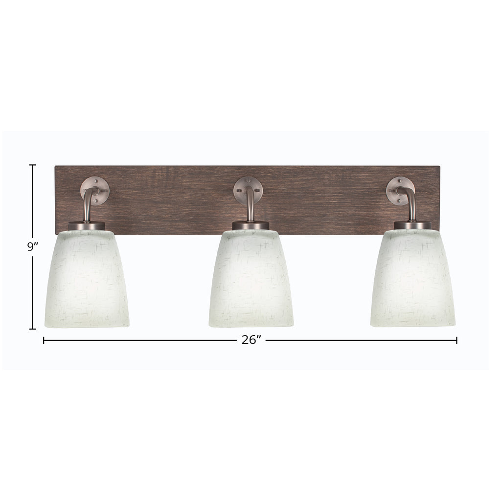 Oxbridge Three Light Bath Bar in Graphite & Painted Distressed Wood-look Metal with 4.5" Square White Muslin Shade