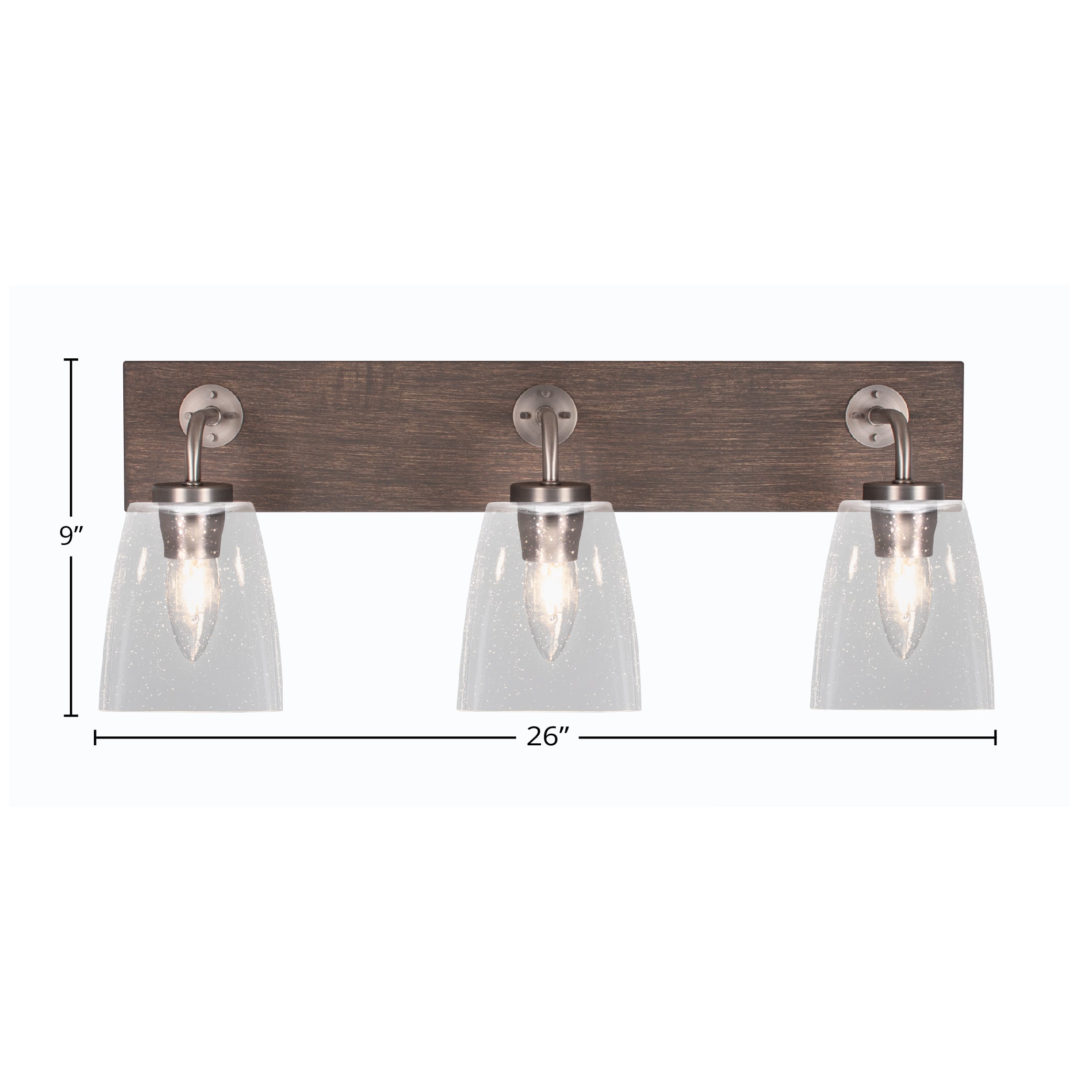 Oxbridge Three Light Bath Bar in Graphite & Painted Distressed Wood-look Metal with 4.5" Square Clear Bubble Shade