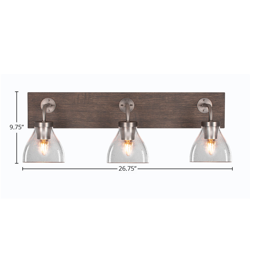 Oxbridge Three Light Bath Bar in Graphite & Painted Distressed Wood-look Metal with 6.25" Clear Bubble Shade
