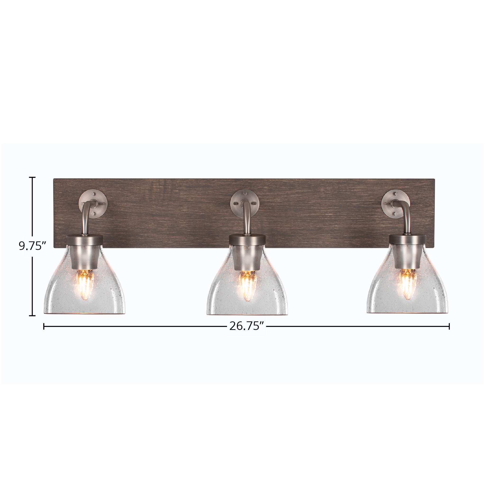 Oxbridge Three Light Bath Bar in Graphite & Painted Distressed Wood-look Metal with 6.25" Clear Bubble Shade