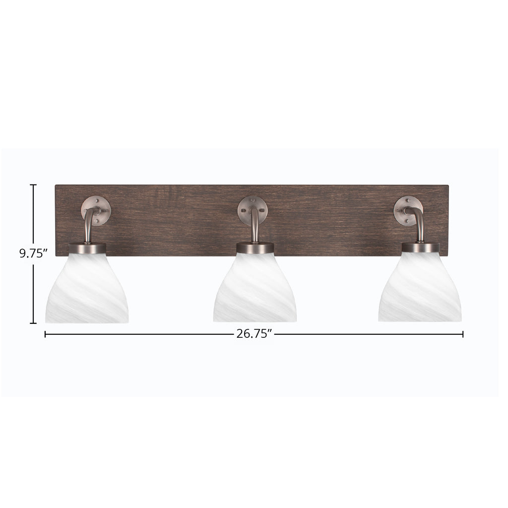 Oxbridge Three Light Bath Bar in Graphite & Painted Distressed Wood-look Metal with 6.25" White Marble Shade