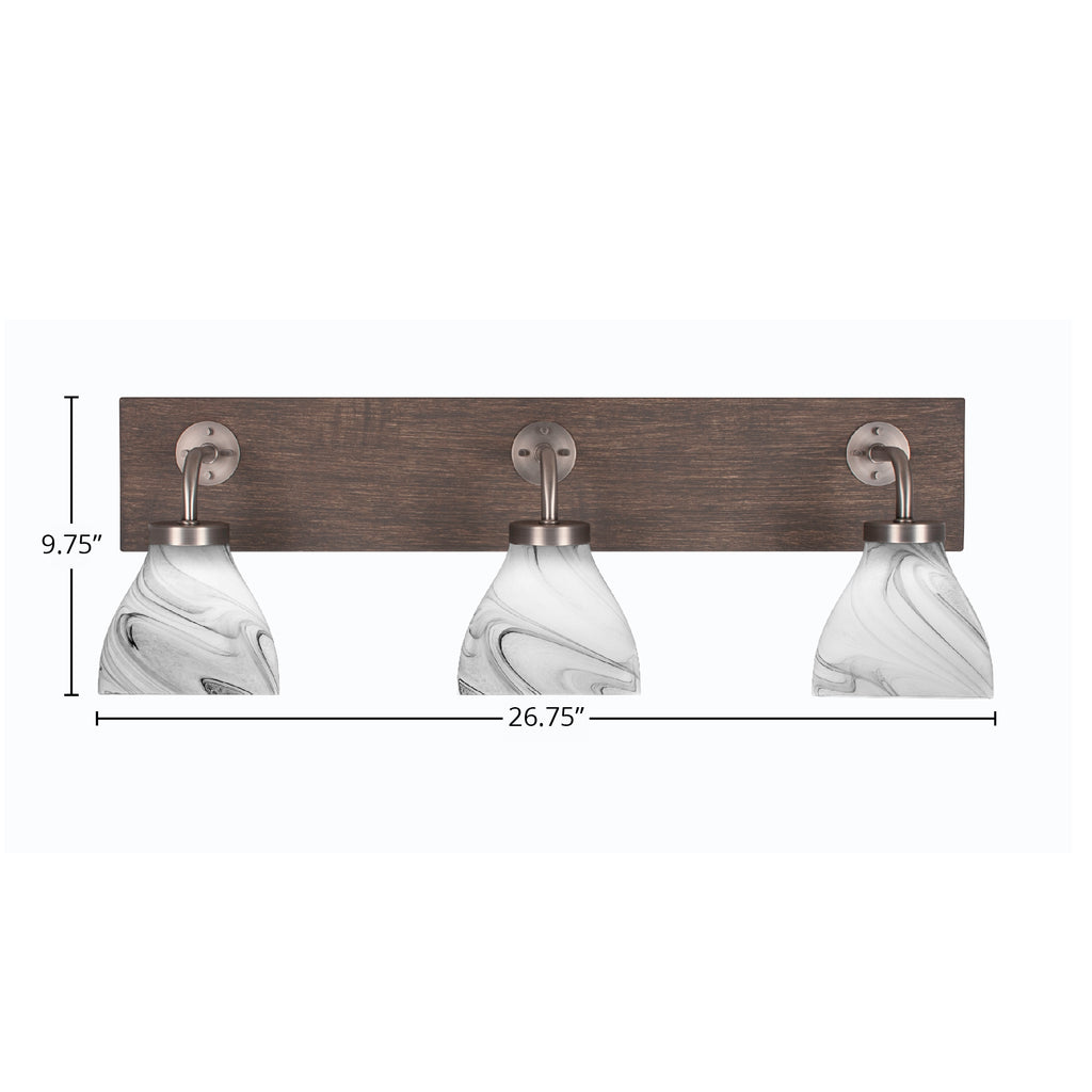 Oxbridge Three Light Bath Bar in Graphite & Painted Distressed Wood-look Metal with 6.25" Onyx Swirl Shade