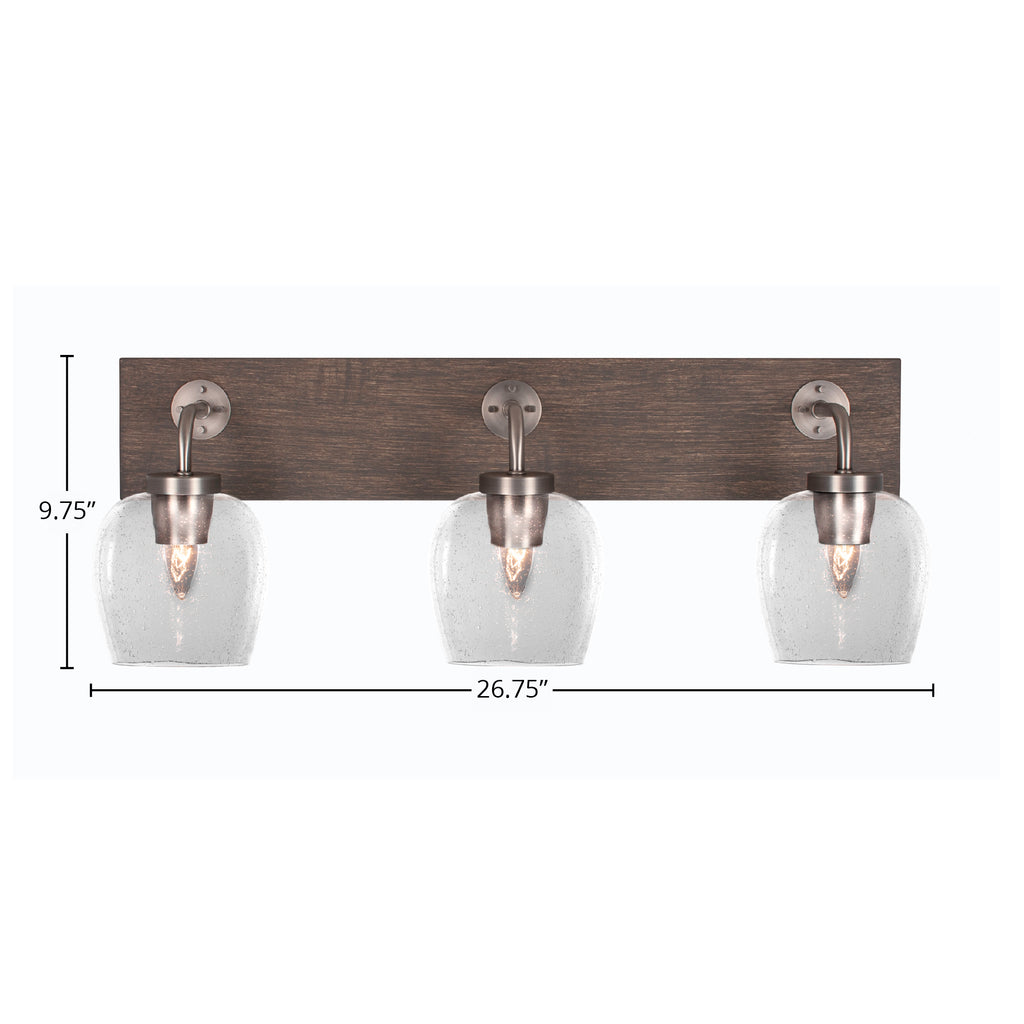 Oxbridge Three Light Bath Bar in Graphite & Painted Distressed Wood-look Metal with 6" Clear Bubble Shade