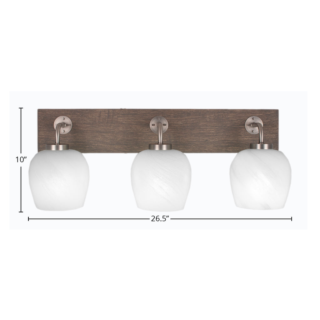 Oxbridge Three Light Bath Bar in Graphite & Painted Distressed Wood-look Metal with 6" White Marble Shade