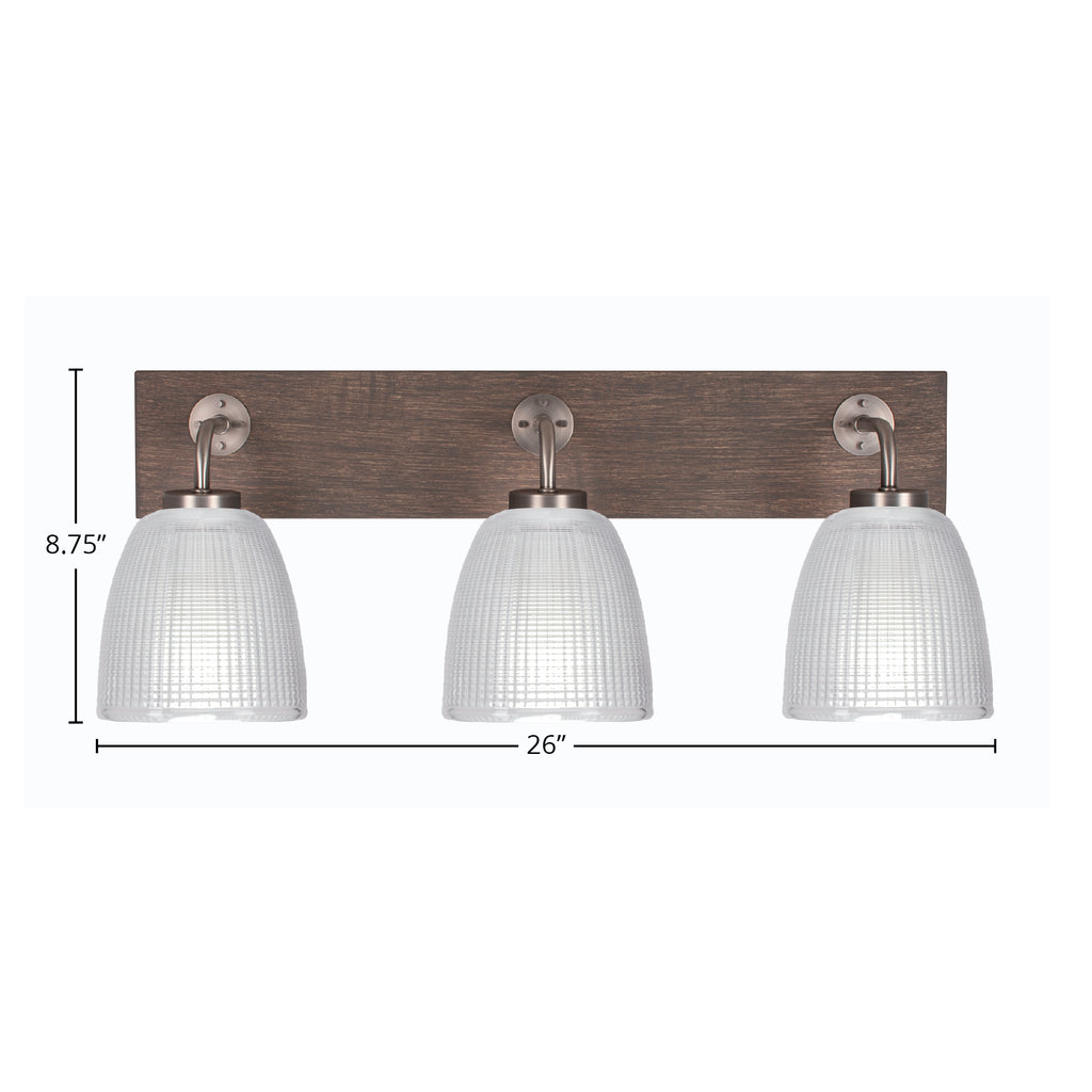 Oxbridge Three Light Bath Bar in Graphite & Painted Distressed Wood-look Metal with 5" Clear Ribbed Shade