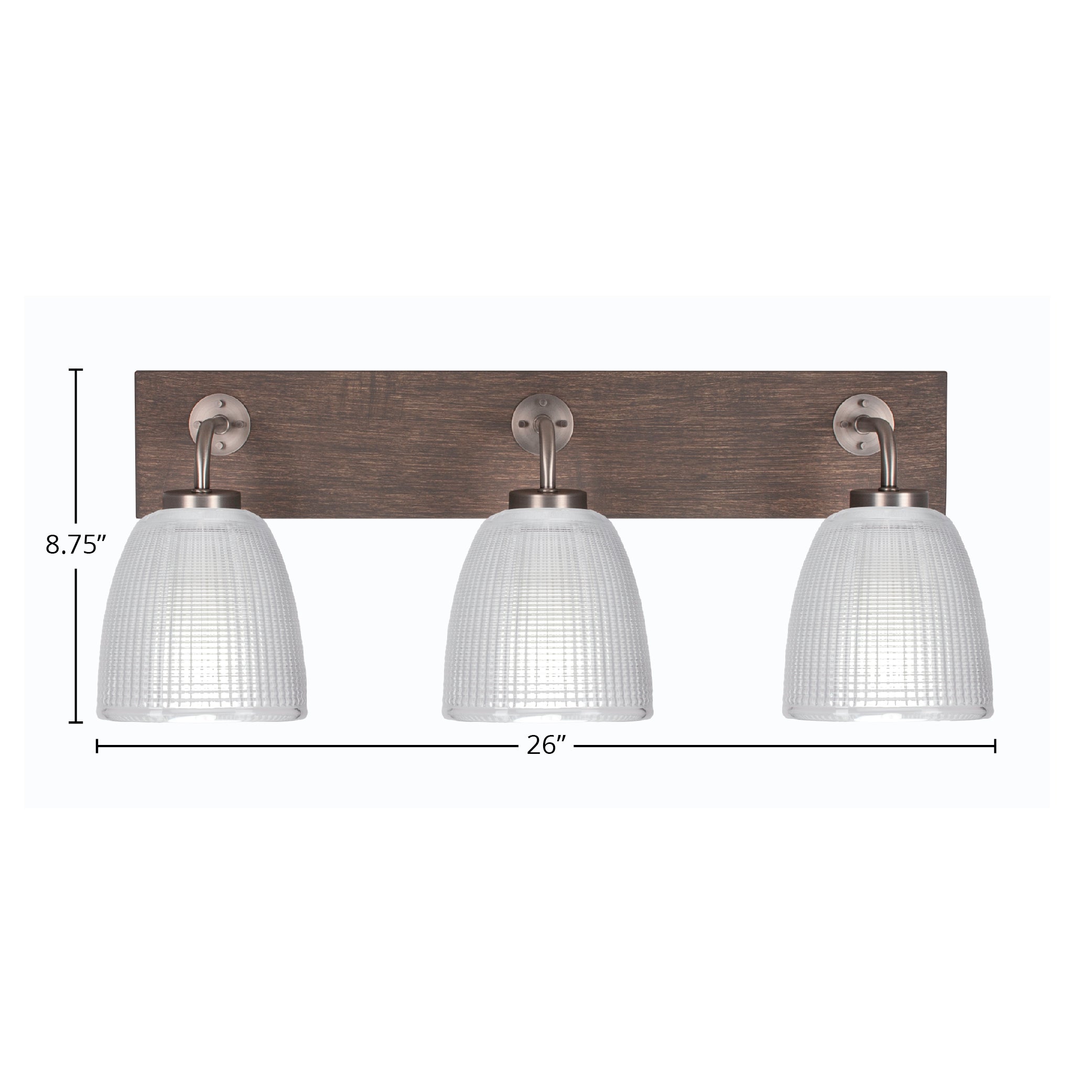 Oxbridge Three Light Bath Bar in Graphite & Painted Distressed Wood-look Metal with 5" Clear Ribbed Shade