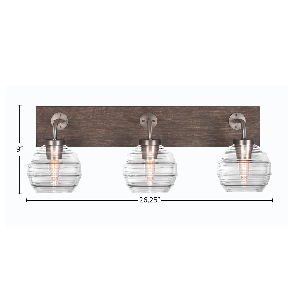 Oxbridge Three Light Bath Bar in Graphite & Painted Distressed Wood-look Metal with 6" Clear Ribbed Shade