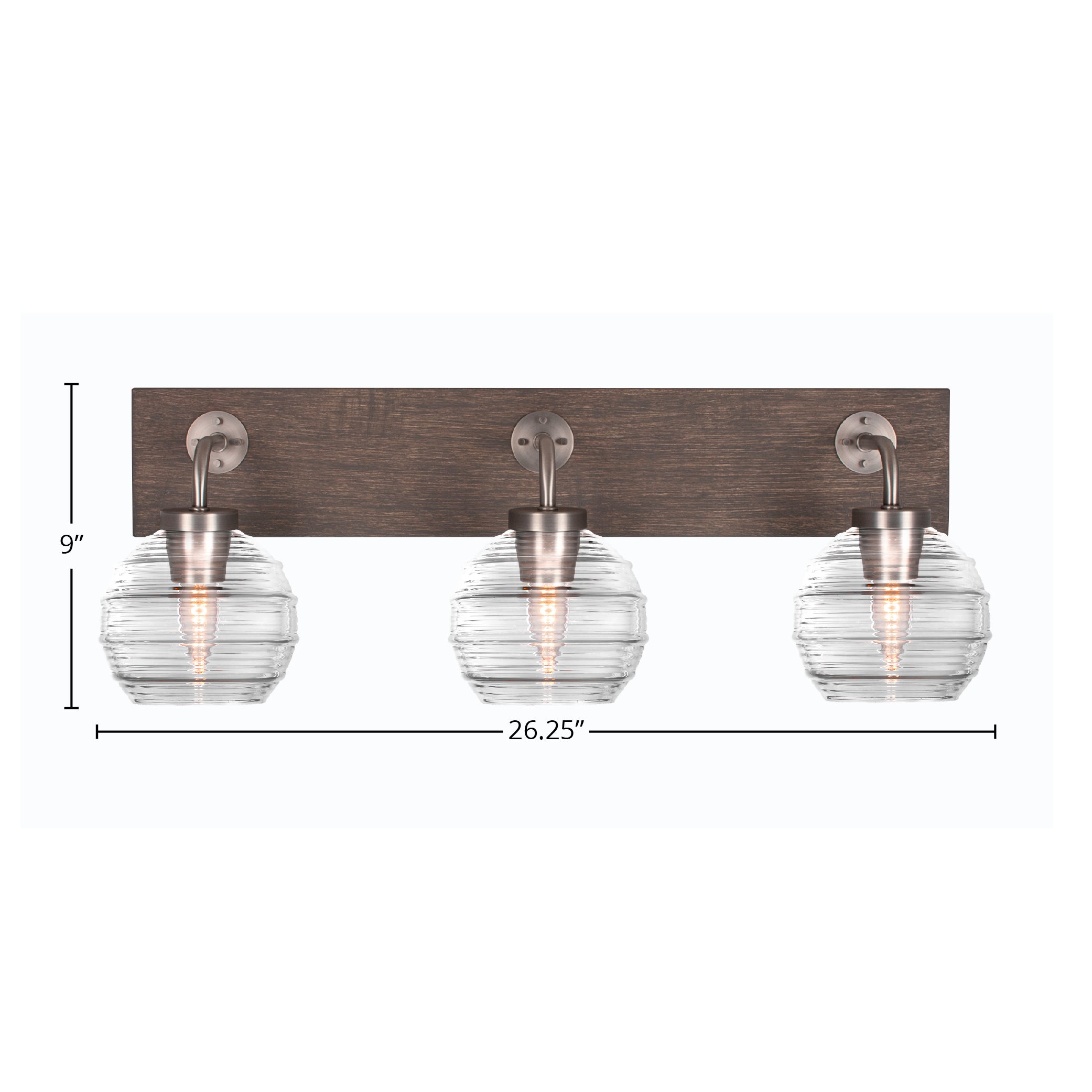 Oxbridge Three Light Bath Bar in Graphite & Painted Distressed Wood-look Metal with 6" Clear Ribbed Shade