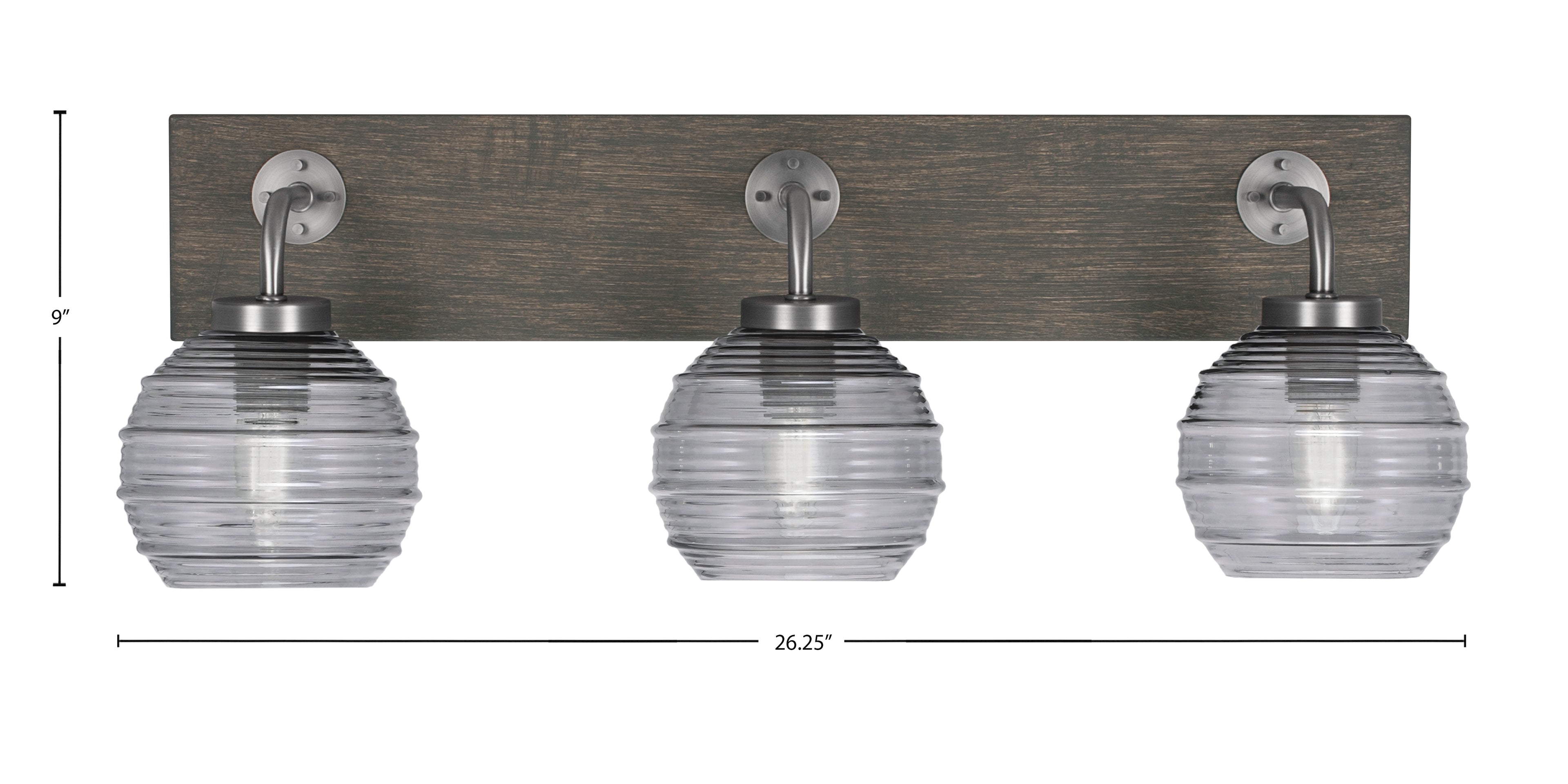 Oxbridge Three Light Bath Bar in Graphite & Painted Distressed Wood-look Metal with 6" Smoke Ribbed Shade