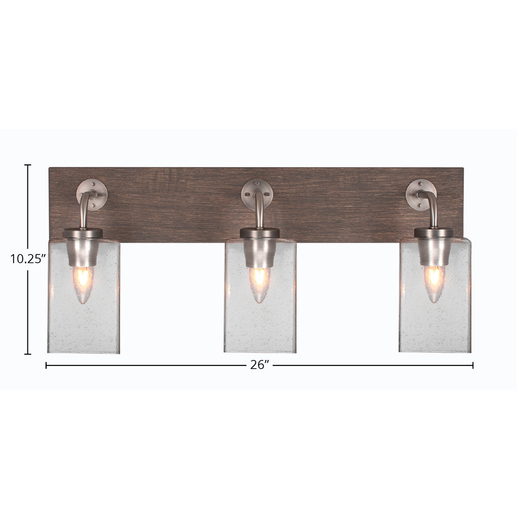 Oxbridge Three Light Bath Bar in Graphite & Painted Distressed Wood-look Metal with 4" Square Clear Bubble Shade