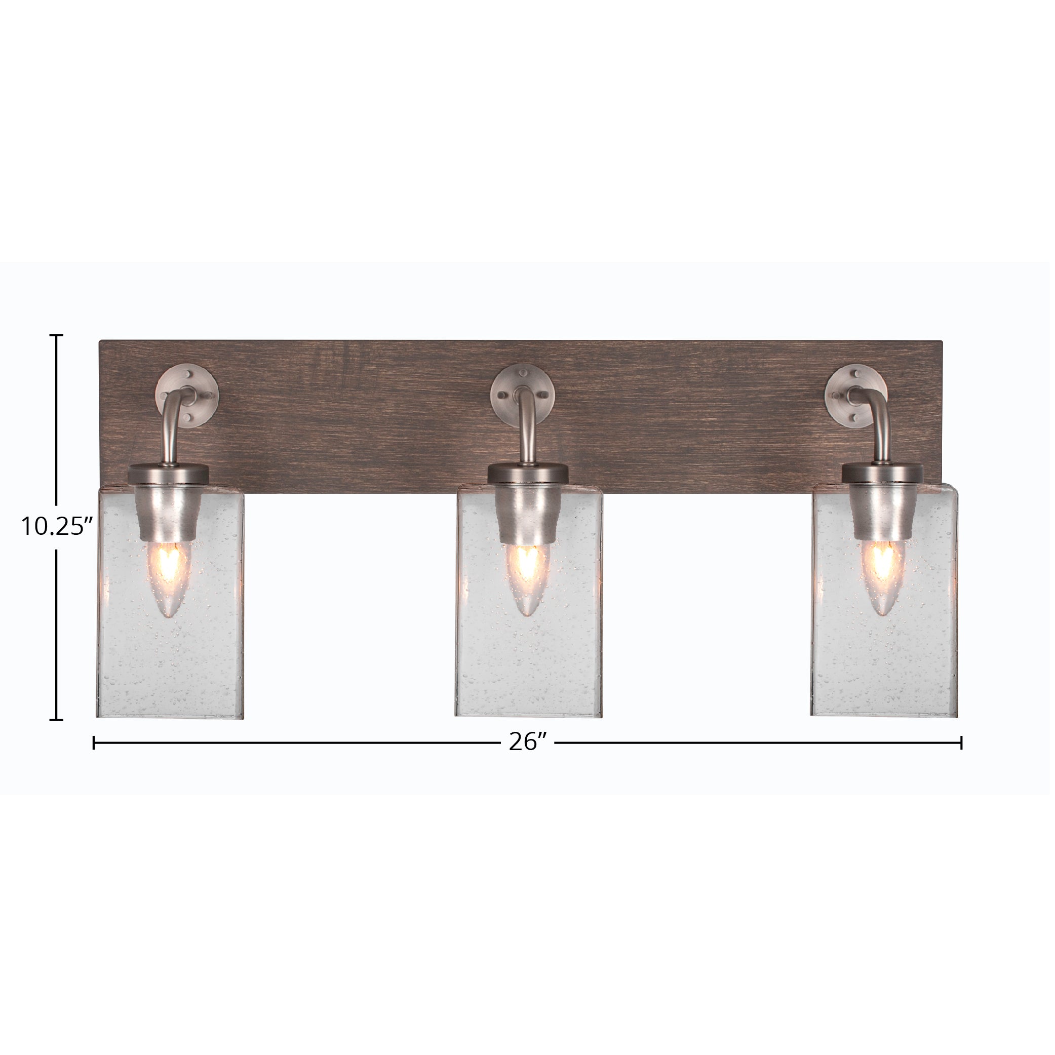 Oxbridge Three Light Bath Bar in Graphite & Painted Distressed Wood-look Metal with 4" Square Clear Bubble Shade