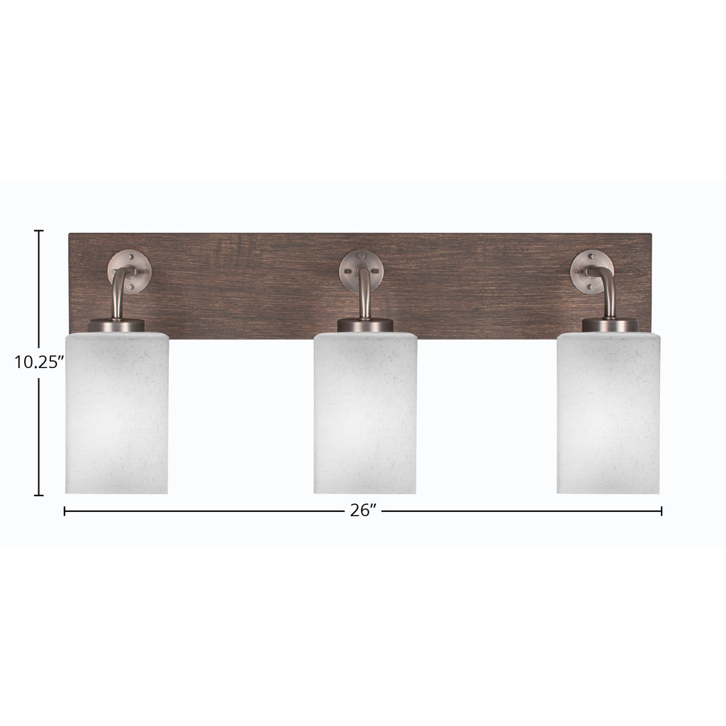 Oxbridge Three Light Bath Bar in Graphite & Painted Distressed Wood-look Metal with 4" Square White Muslin Shade