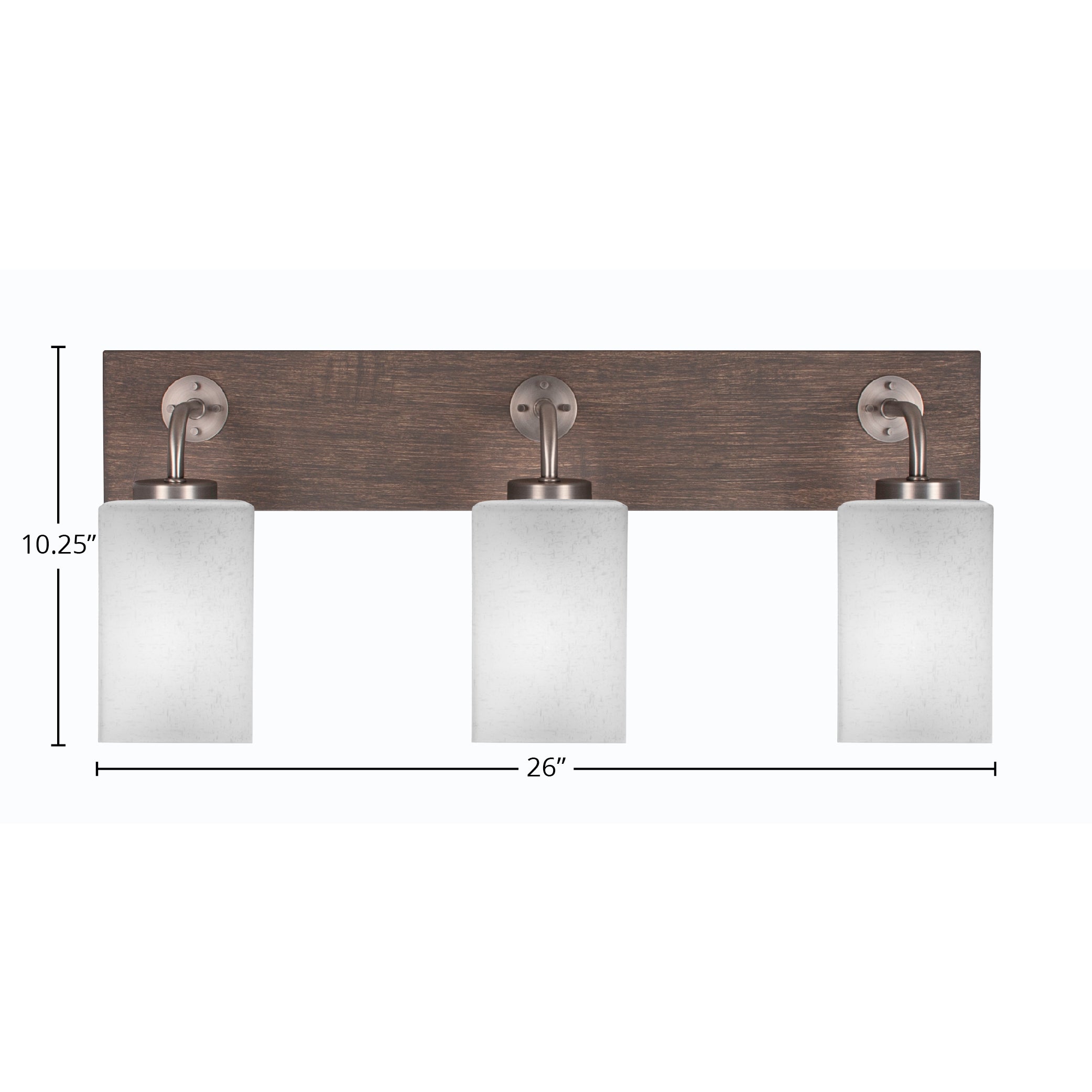 Oxbridge Three Light Bath Bar in Graphite & Painted Distressed Wood-look Metal with 4" Square White Muslin Shade