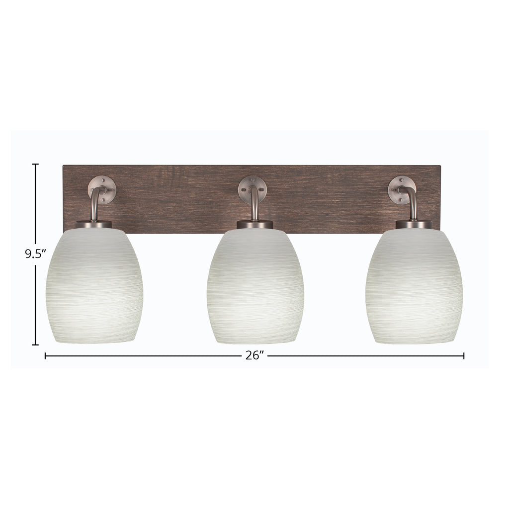 Oxbridge Three Light Bath Bar in Graphite & Painted Distressed Wood-look Metal with 5" White Linen Shade