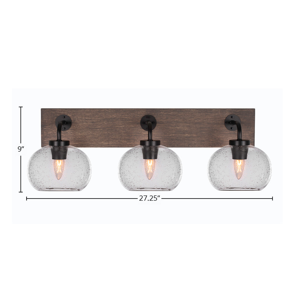 Oxbridge Three Light Bath Bar in Matte Black & Painted Distressed Wood-look Metal with 7" Clear Bubble Shade