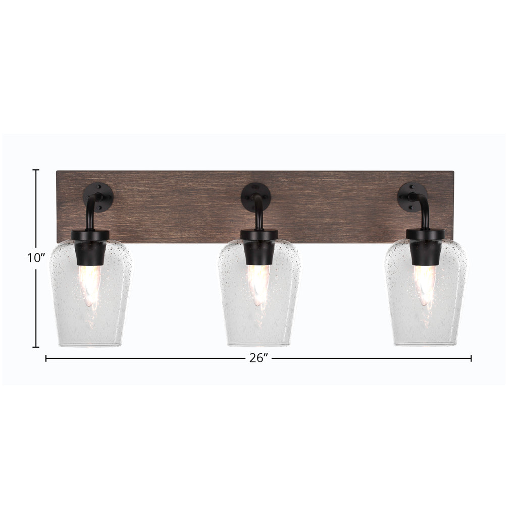 Oxbridge Three Light Bath Bar in Matte Black & Painted Distressed Wood-look Metal with 5" Clear Bubble Shade
