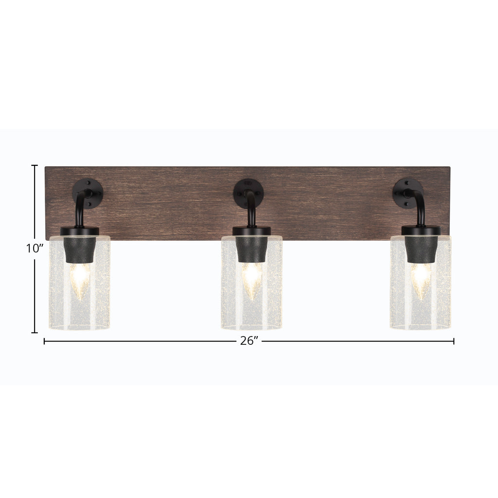 Oxbridge Three Light Bath Bar in Matte Black & Painted Distressed Wood-look Metal with 4" Clear Bubble Shade