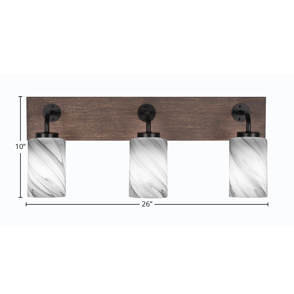 Oxbridge Three Light Bath Bar in Matte Black & Painted Distressed Wood-look Metal with 4" Onyx Swirl Shade