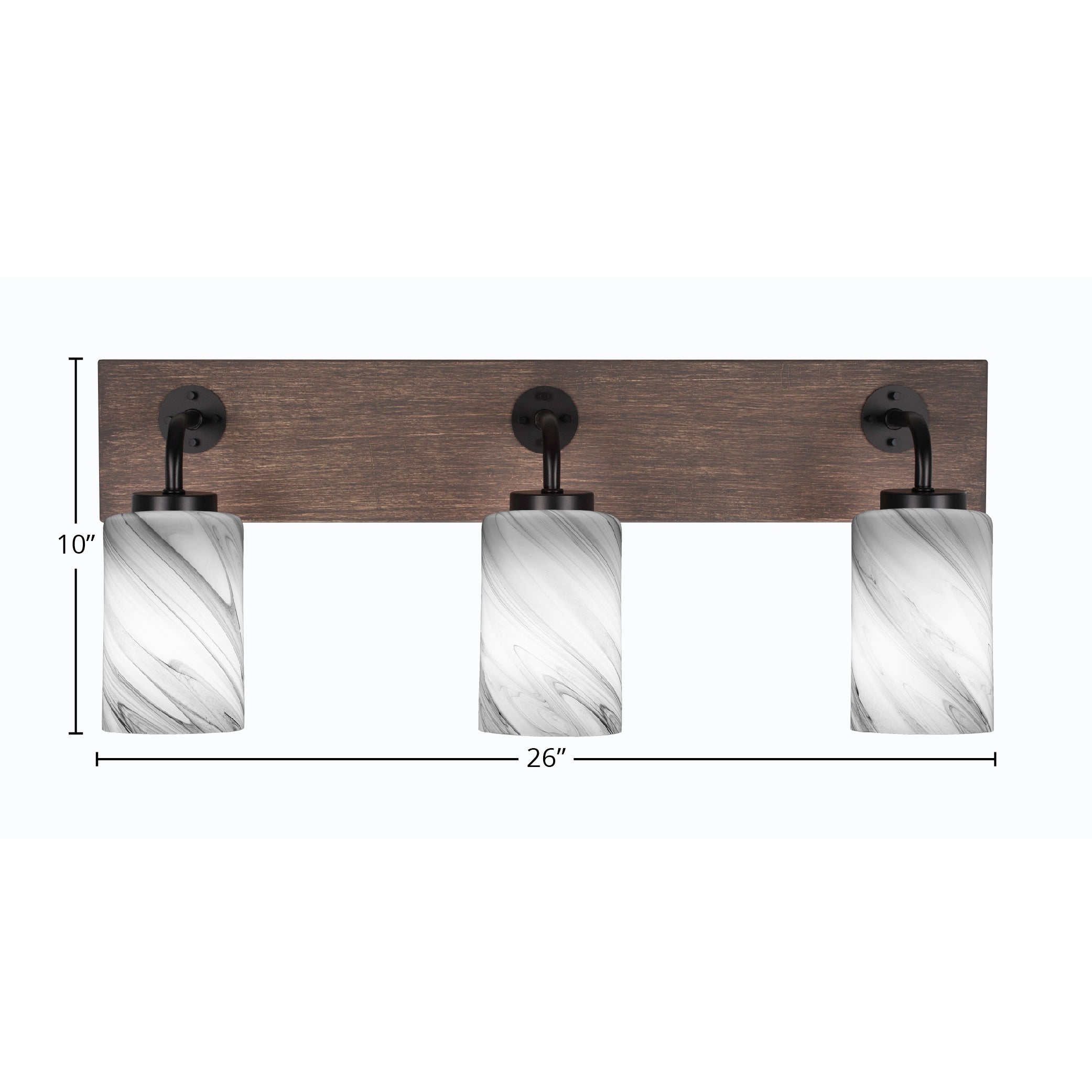 Oxbridge Three Light Bath Bar in Matte Black & Painted Distressed Wood-look Metal with 4" Onyx Swirl Shade