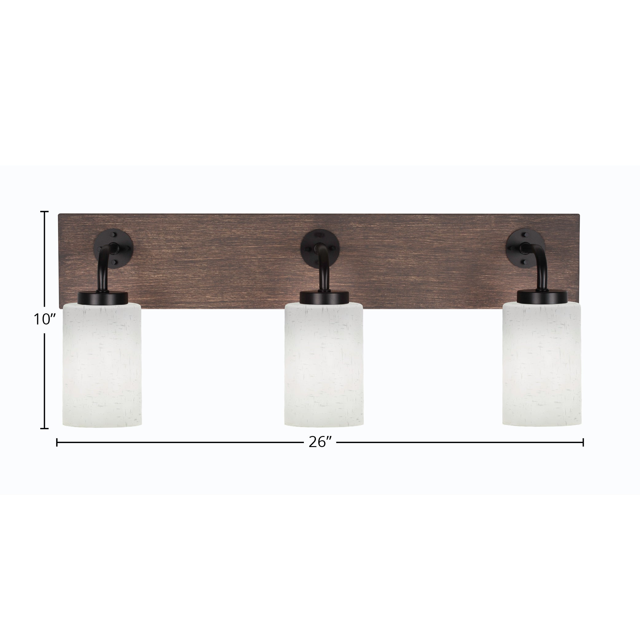 Oxbridge Three Light Bath Bar in Matte Black & Painted Distressed Wood-look Metal with 4" White Muslin Shade
