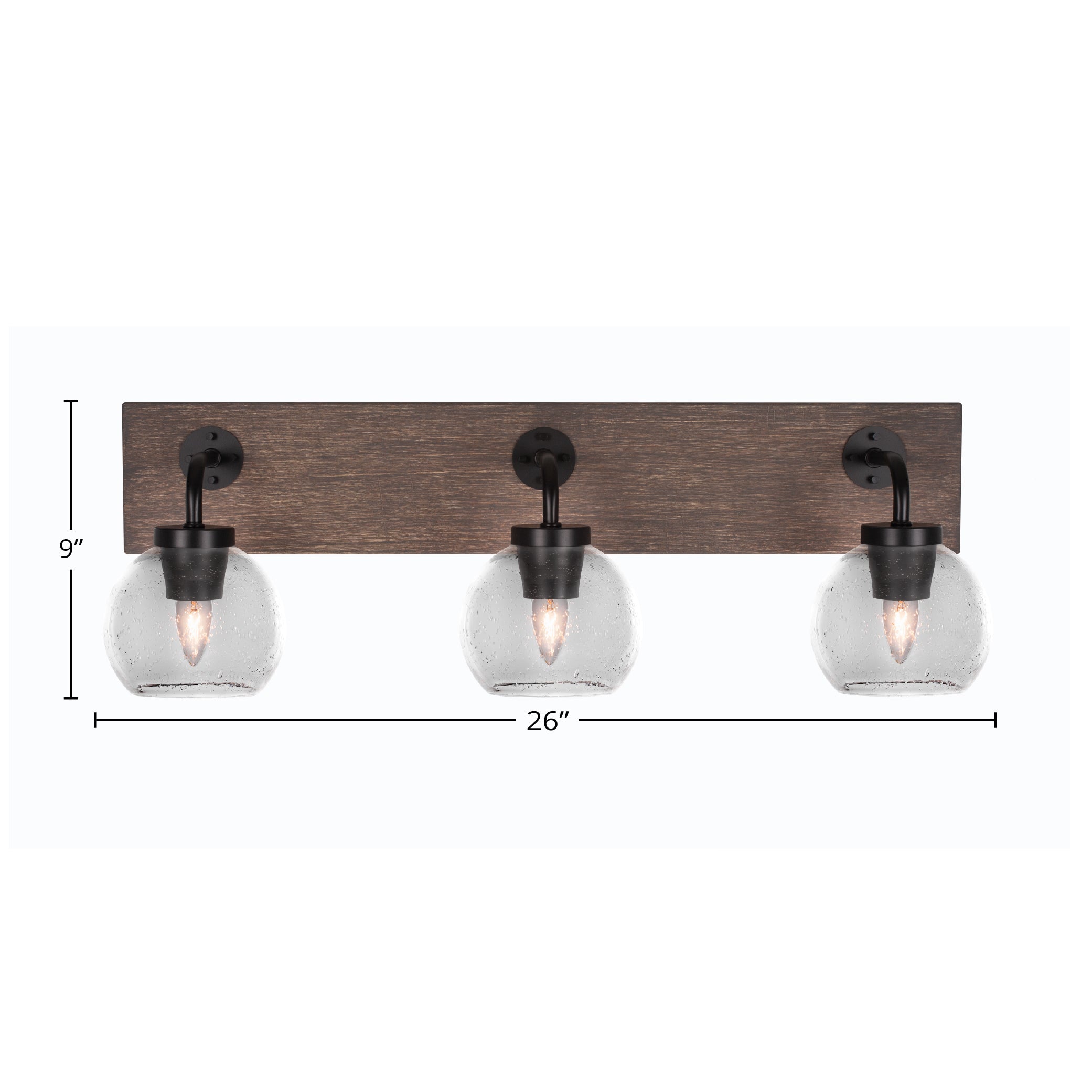 Oxbridge Three Light Bath Bar in Matte Black & Painted Distressed Wood-look Metal with 5.75" Clear Bubble Shade