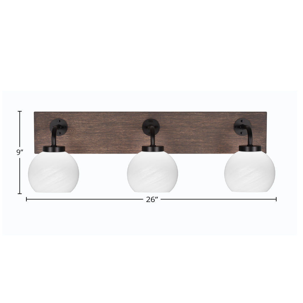 Oxbridge Three Light Bath Bar in Matte Black & Painted Distressed Wood-look Metal with 5.75" White Marble Shade