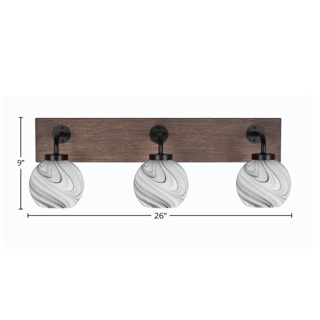 Oxbridge Three Light Bath Bar in Matte Black & Painted Distressed Wood-look Metal with 5.75" Onyx Swirl Shade