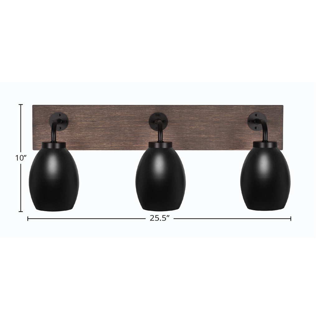Oxbridge Three Light Bath Bar in Matte Black & Painted Distressed Wood-look Metal with 5" Matte Black Oval Metal Shade Shade