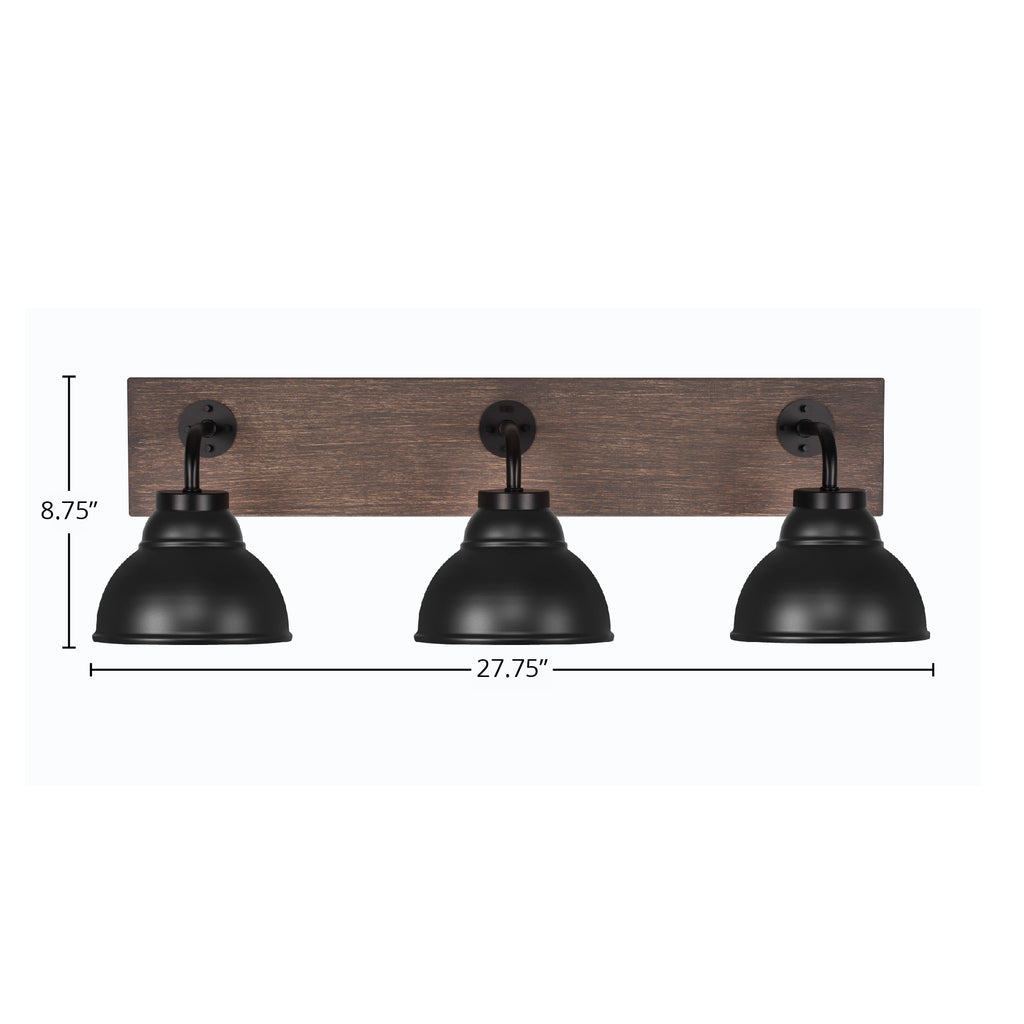 Oxbridge Three Light Bath Bar in Matte Black & Painted Distressed Wood-look Metal with 7" Matte Black Double Bubble Metal Shade Shade