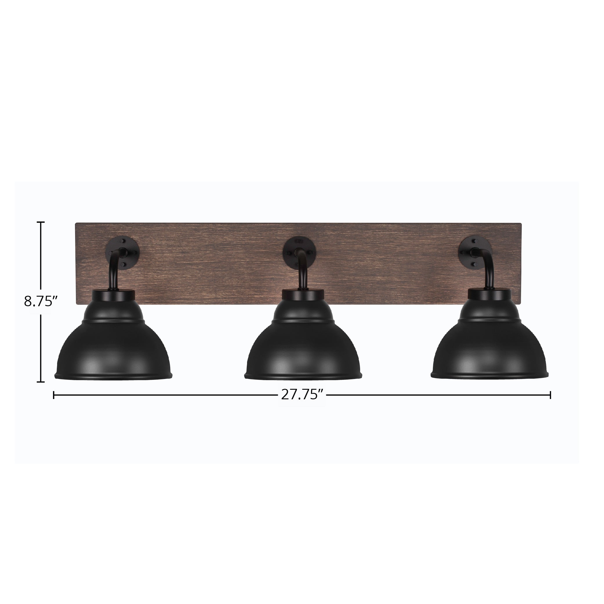Oxbridge Three Light Bath Bar in Matte Black & Painted Distressed Wood-look Metal with 7" Matte Black Double Bubble Metal Shade Shade