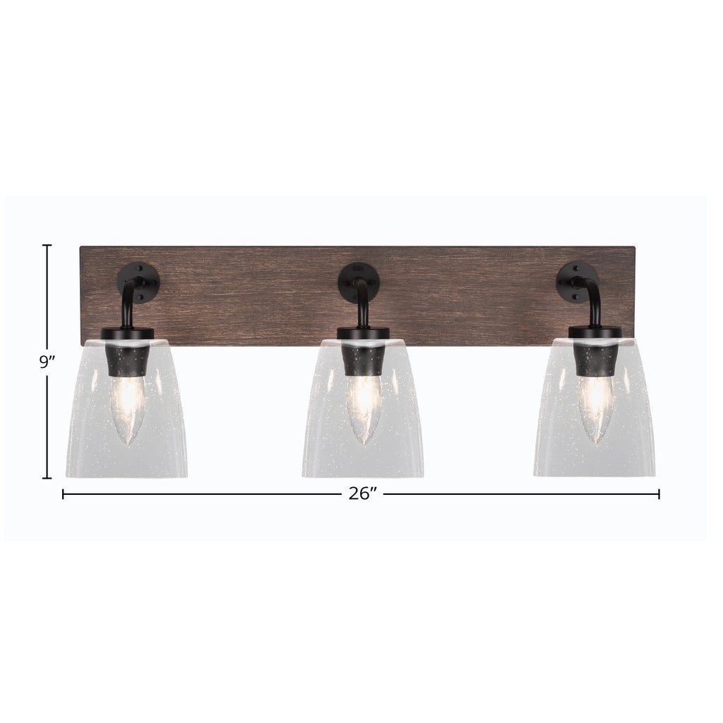 Oxbridge Three Light Bath Bar in Matte Black & Painted Distressed Wood-look Metal with 4.5" Square Clear Bubble Shade