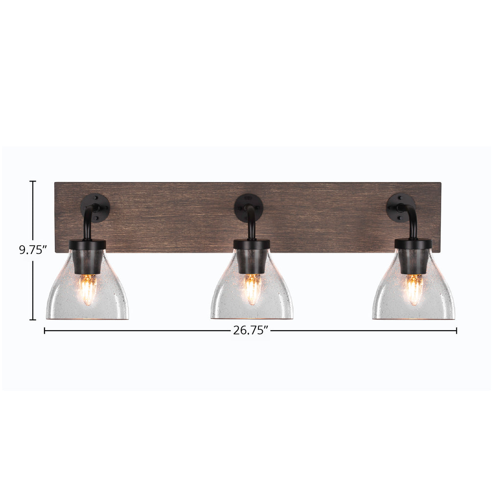 Oxbridge Three Light Bath Bar in Matte Black & Painted Distressed Wood-look Metal with 6.25" Clear Bubble Shade