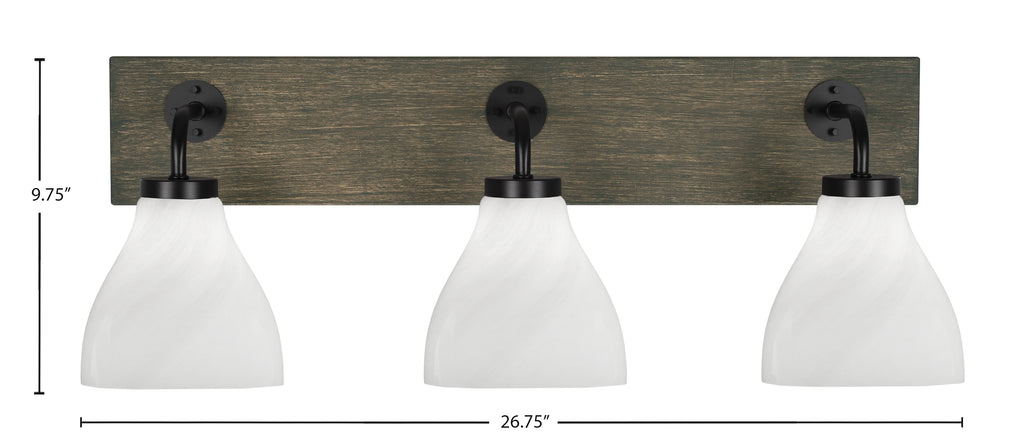 Oxbridge Three Light Bath Bar in Matte Black & Painted Distressed Wood-look Metal with 6.25" White Marble Shade