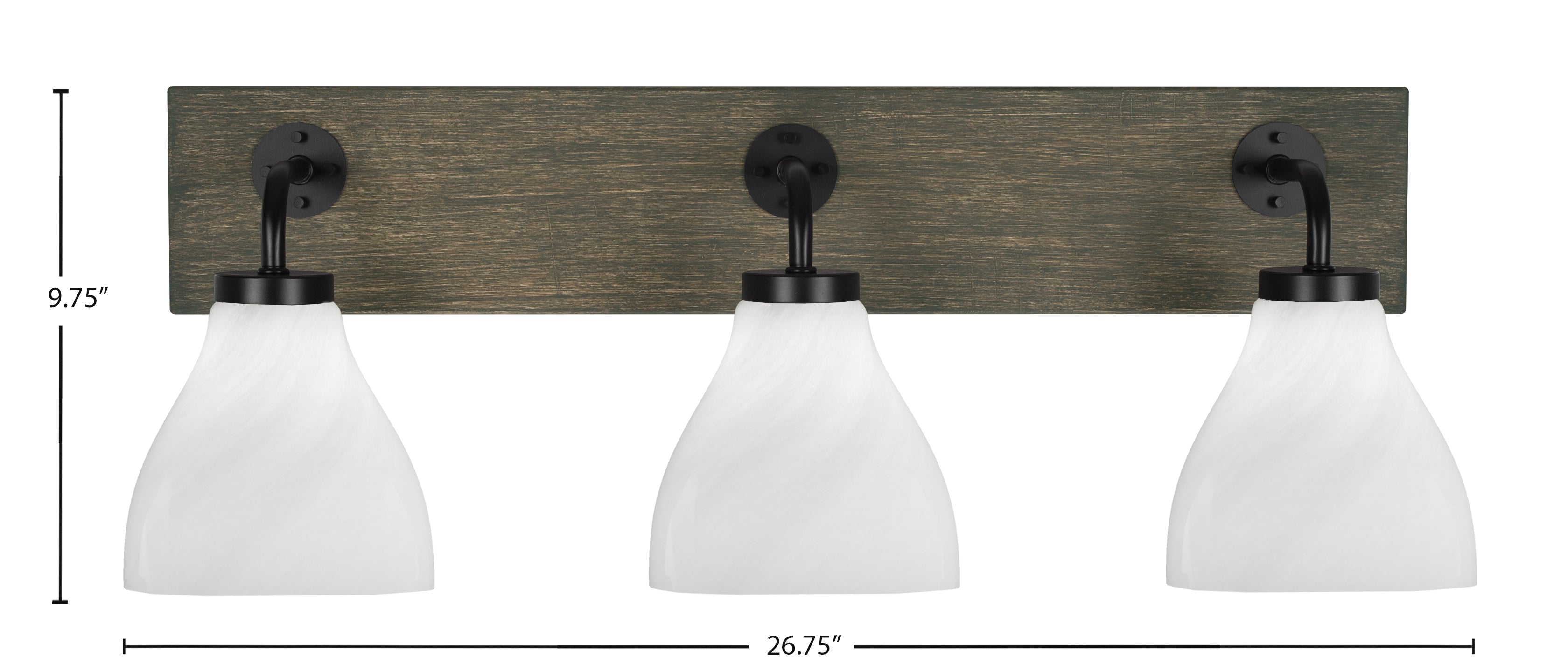 Oxbridge Three Light Bath Bar in Matte Black & Painted Distressed Wood-look Metal with 6.25" White Marble Shade
