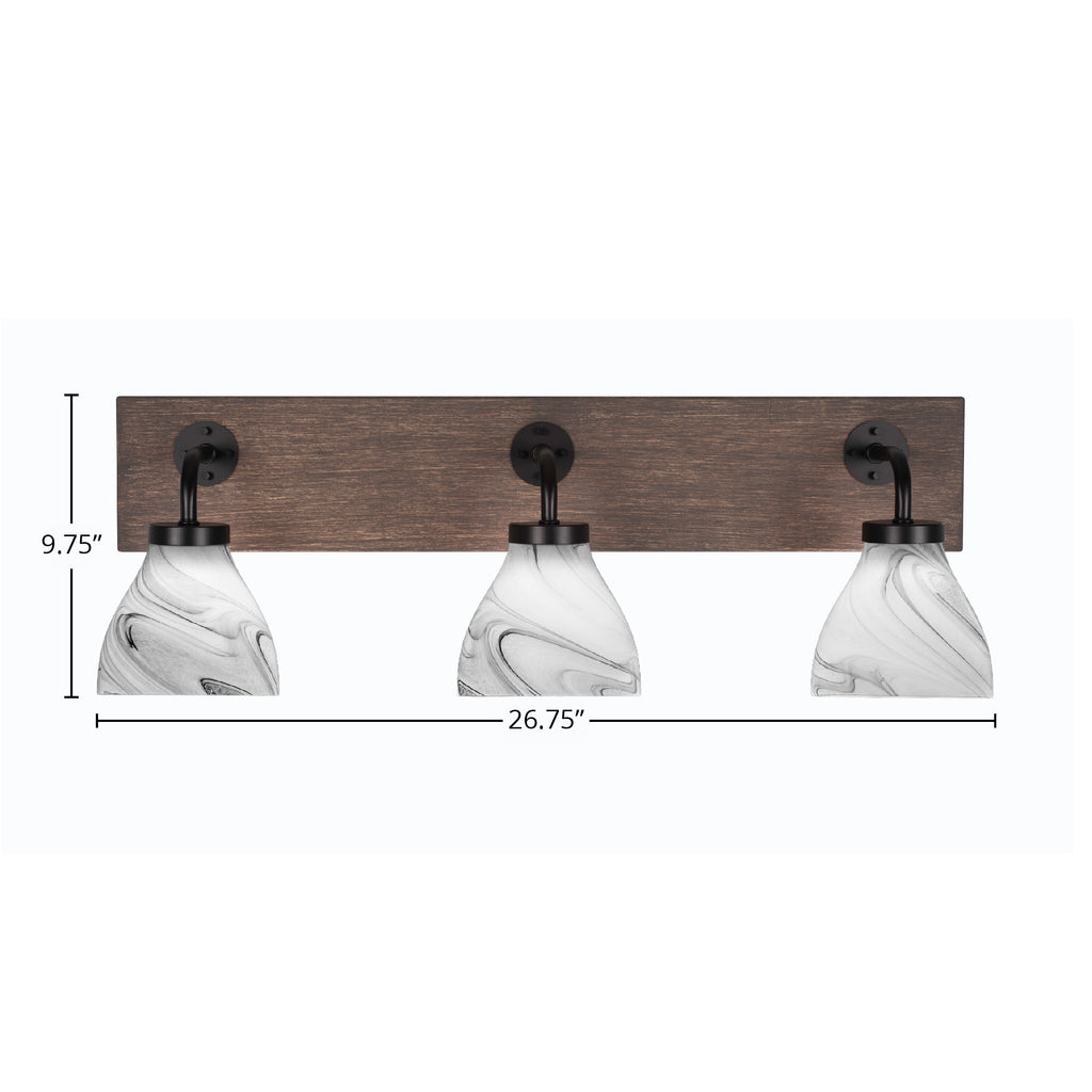 Oxbridge Three Light Bath Bar in Matte Black & Painted Distressed Wood-look Metal with 6.25" Onyx Swirl Shade