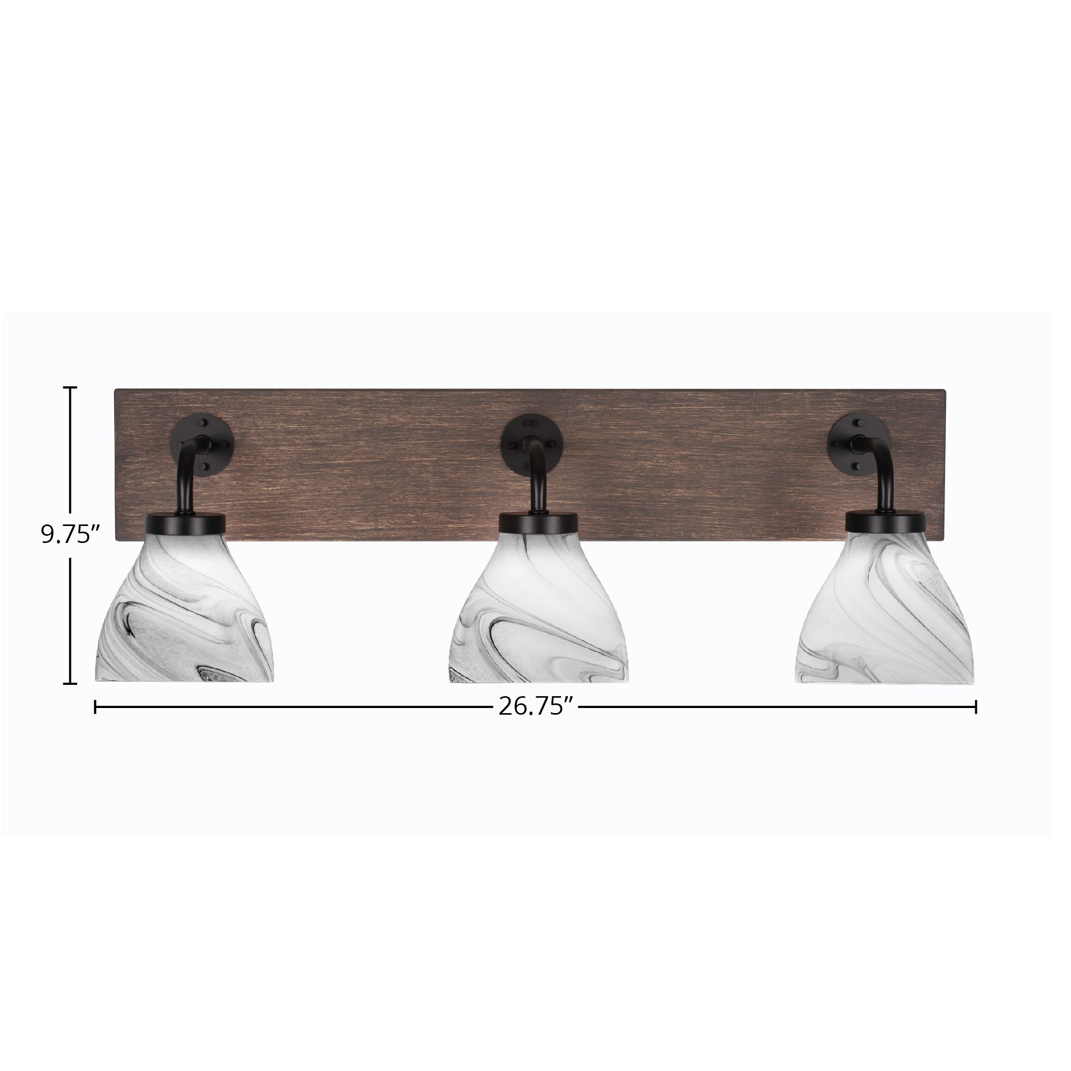 Oxbridge Three Light Bath Bar in Matte Black & Painted Distressed Wood-look Metal with 6.25" Onyx Swirl Shade