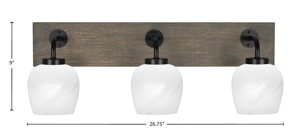 Oxbridge Three Light Bath Bar in Matte Black & Painted Distressed Wood-look Metal with 6" White Marble Shade