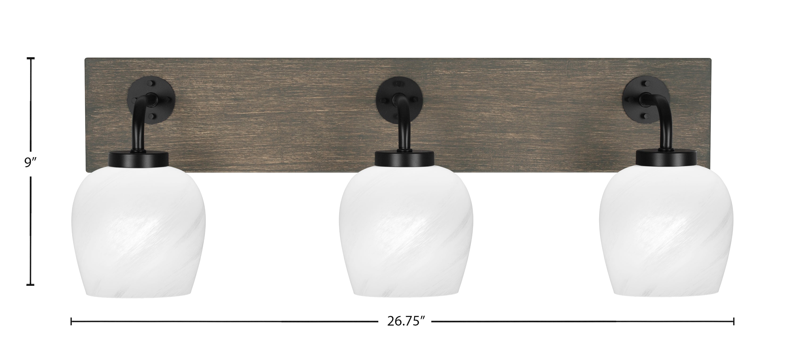 Oxbridge Three Light Bath Bar in Matte Black & Painted Distressed Wood-look Metal with 6" White Marble Shade